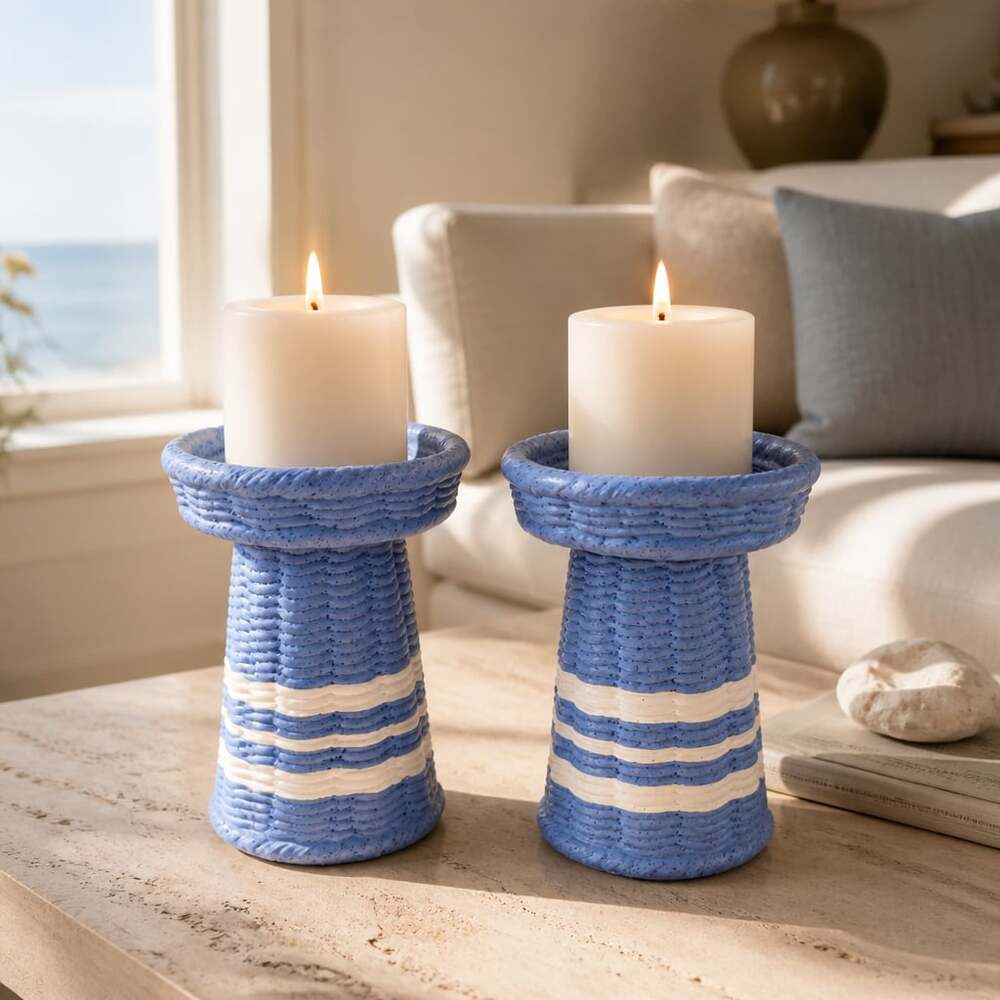 NWT-World Traveler-White/Blue-Woven Pattern Candle Holder-Set of (2)